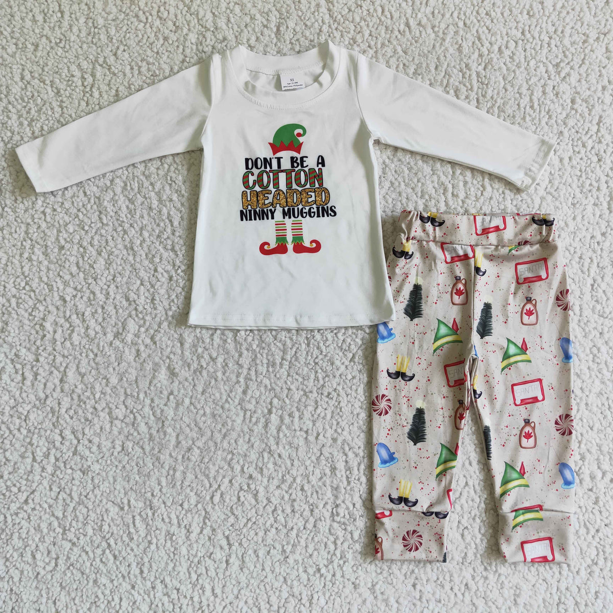 GLP0078 Cartoon Shelf White Top Pants Boys Christmas Clothes Set