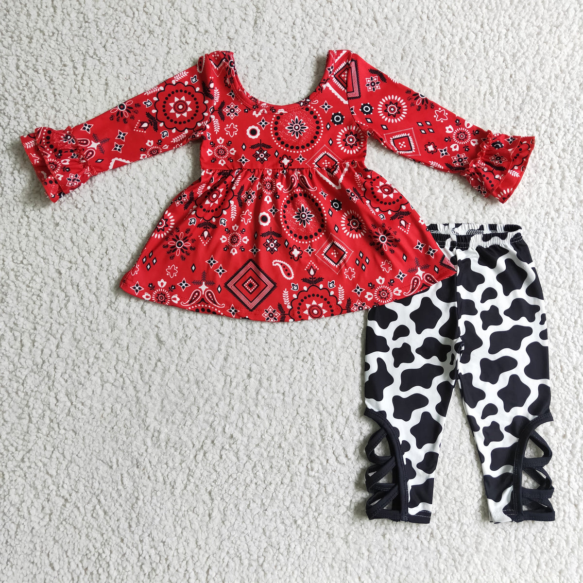 GLP0091 Red Paisley Tunic Top Cross Legging Pants Girls Clothes Set