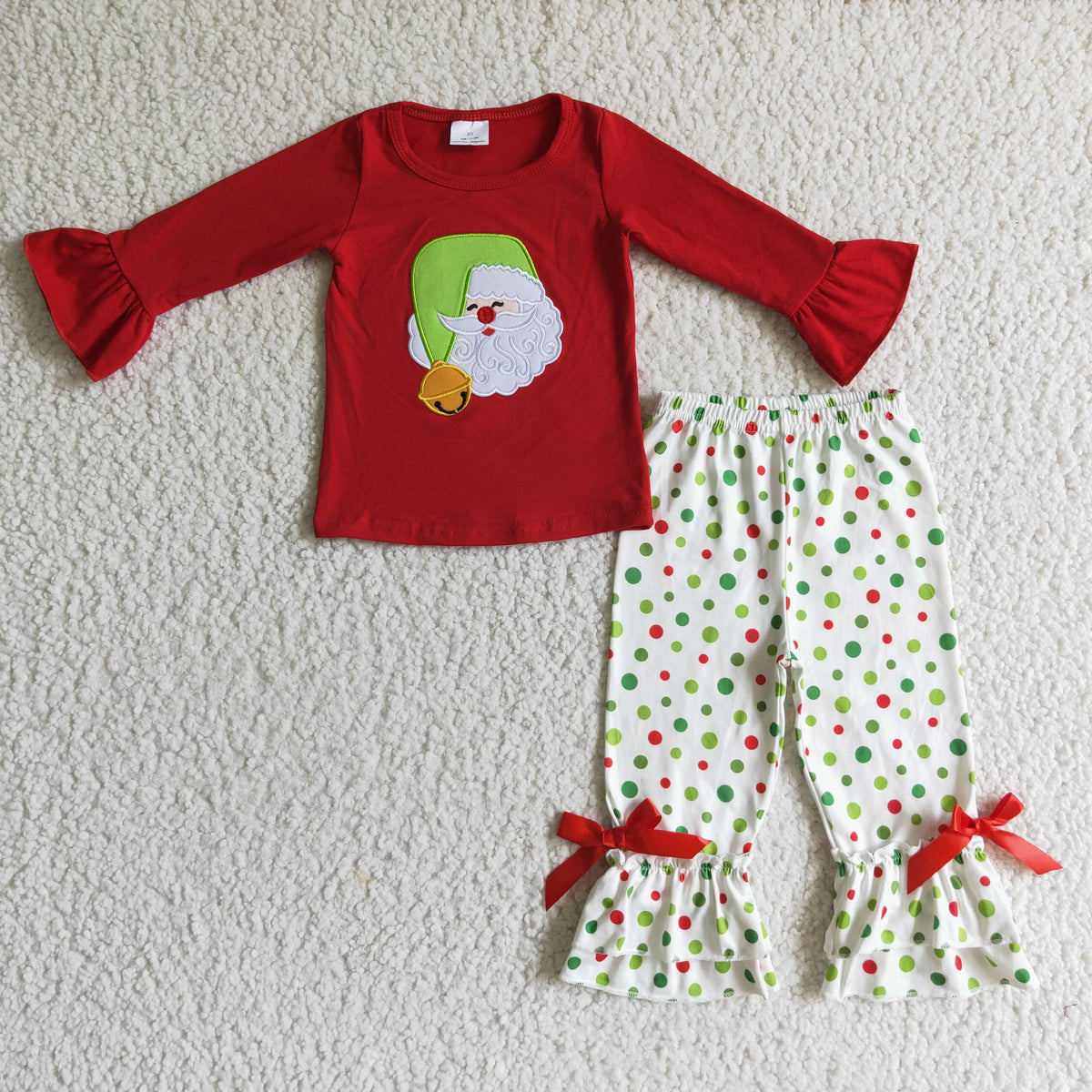 GLP0099 Santa Embroidery Red Top Dots Ruffle Pants Girls Christmas Clothes Set