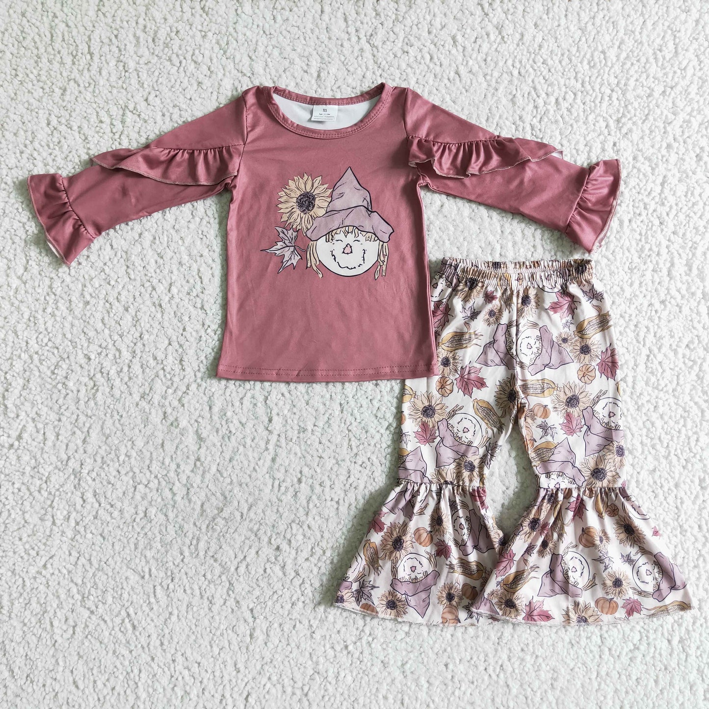 GLP0104 Sunflower Scarecrow Top Bell Pants Girls Fall Clothes Set