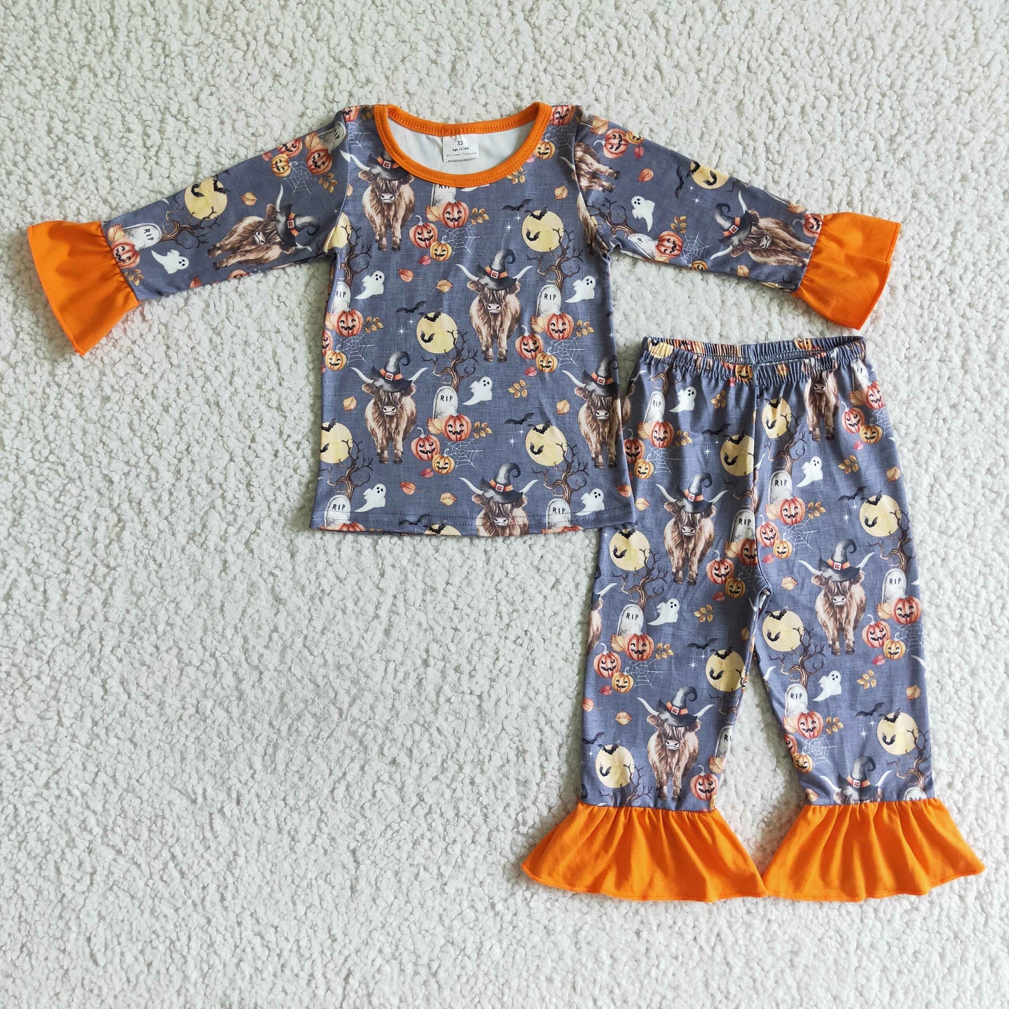 GLP0111 Highland Cow Pumpkin Print Girls Halloween Pajamas Clothes Set