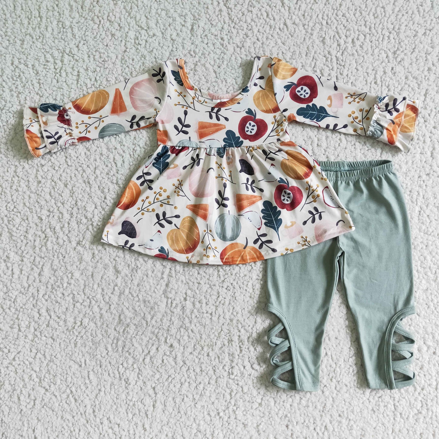 GLP0113 Pumpkin Tunic Top Cross Legging Pants Girls Fall Clothes Set