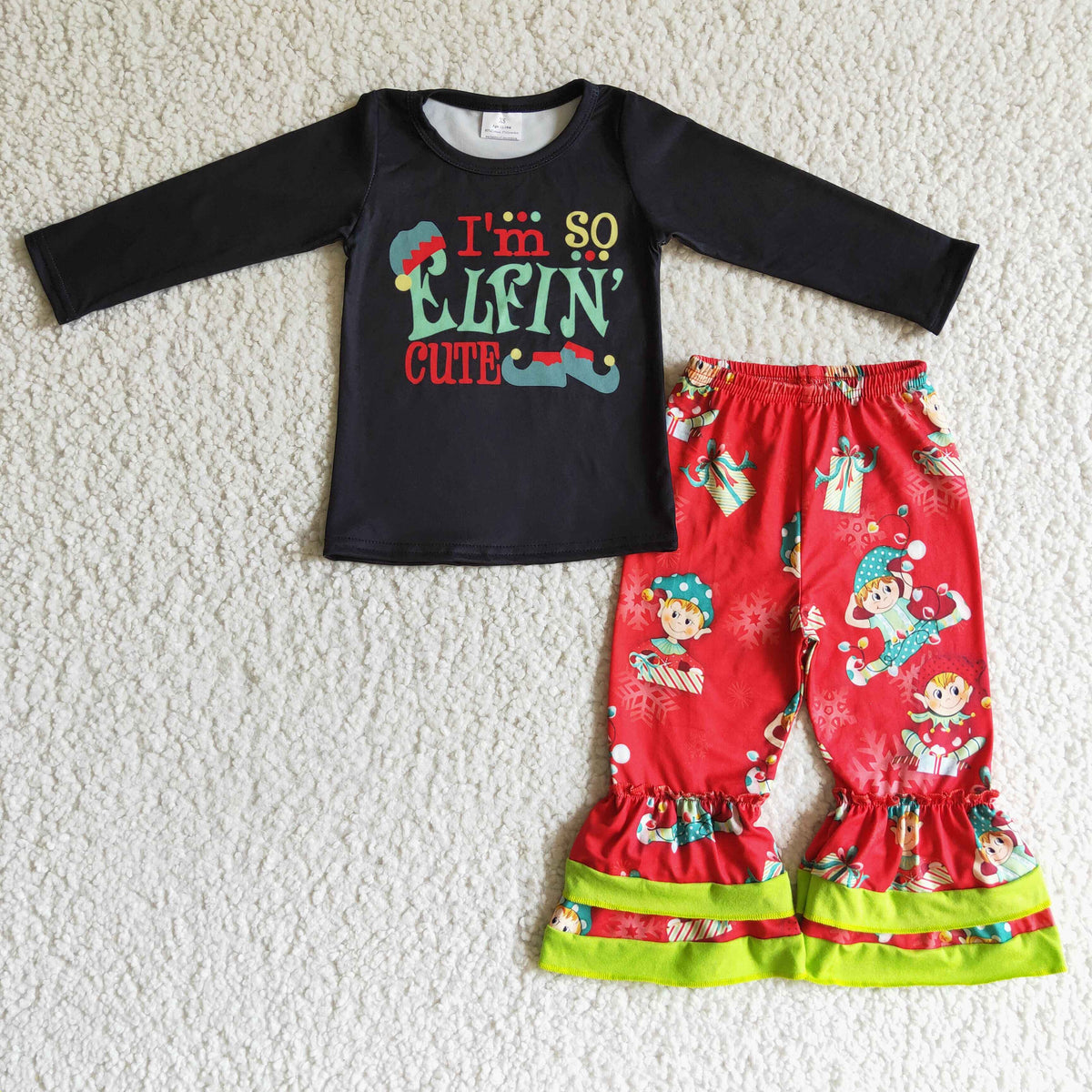 GLP0155 Cartoon Shelf Black Top Ruffle Pants Girls Christmas Clothes Set
