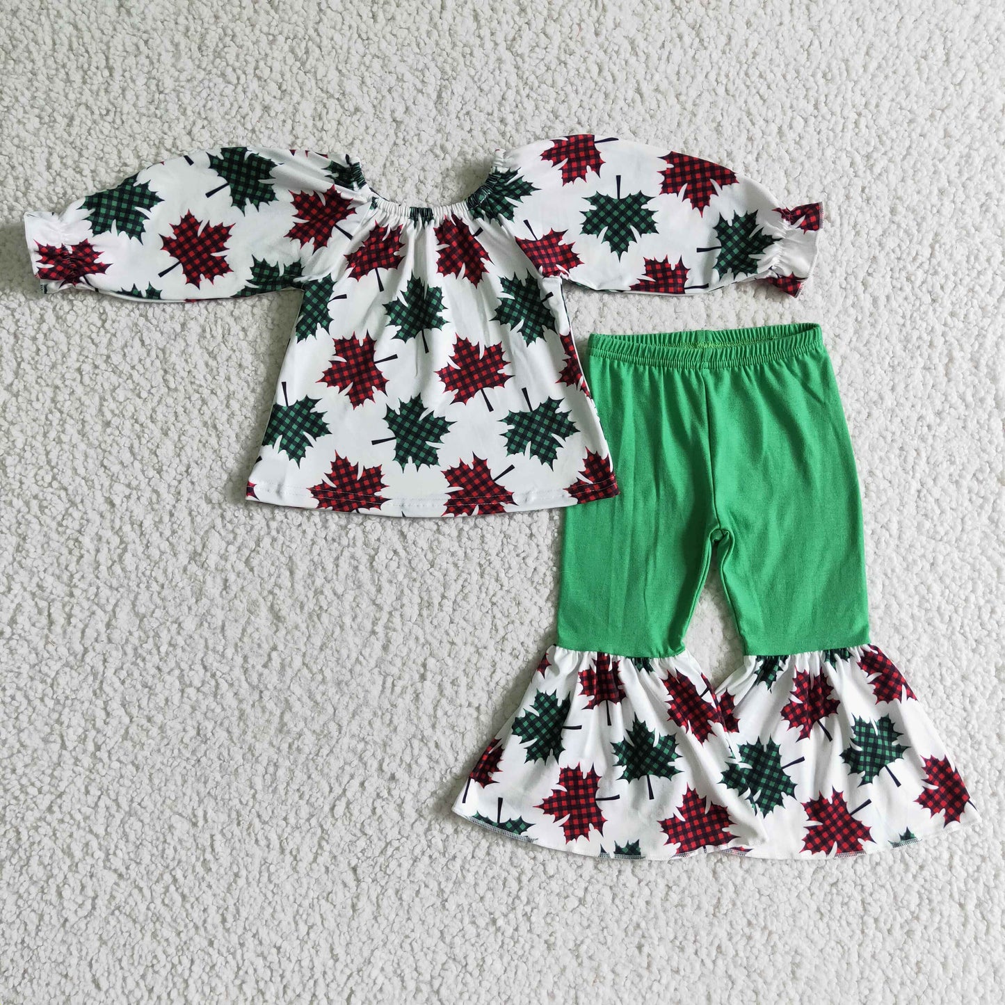 GLP0160 Maple Leaf Checkered Print Girls Christmas Clothes Set