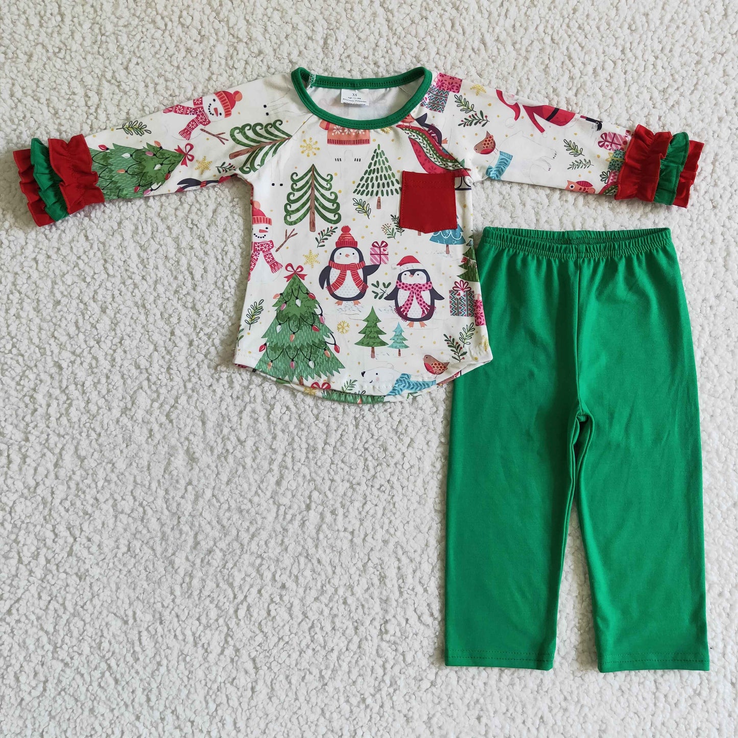 GLP0179 Snowman Penguin Top Green Pants Girls Christmas Clothes Set