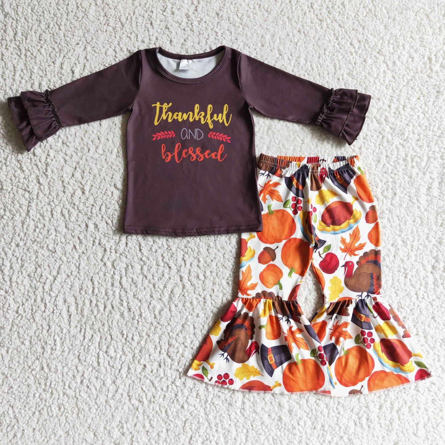 GLP0230 Thankful Brown Top Turkey Pumpkin Bell Pants Girls Thanksgiving Clothes Set
