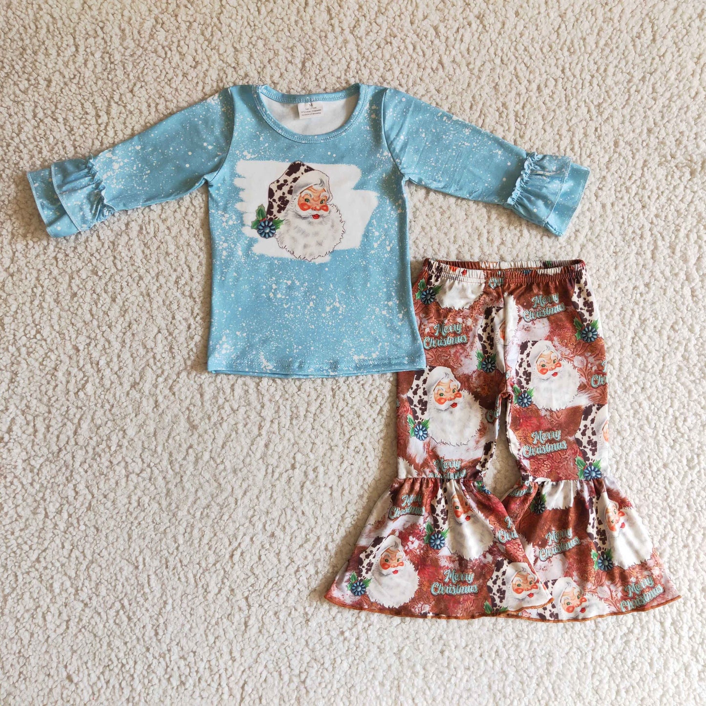 GLP0258 Santa Turquoise Holly Blue Top Bell Pants Girls Christmas Clothes Set