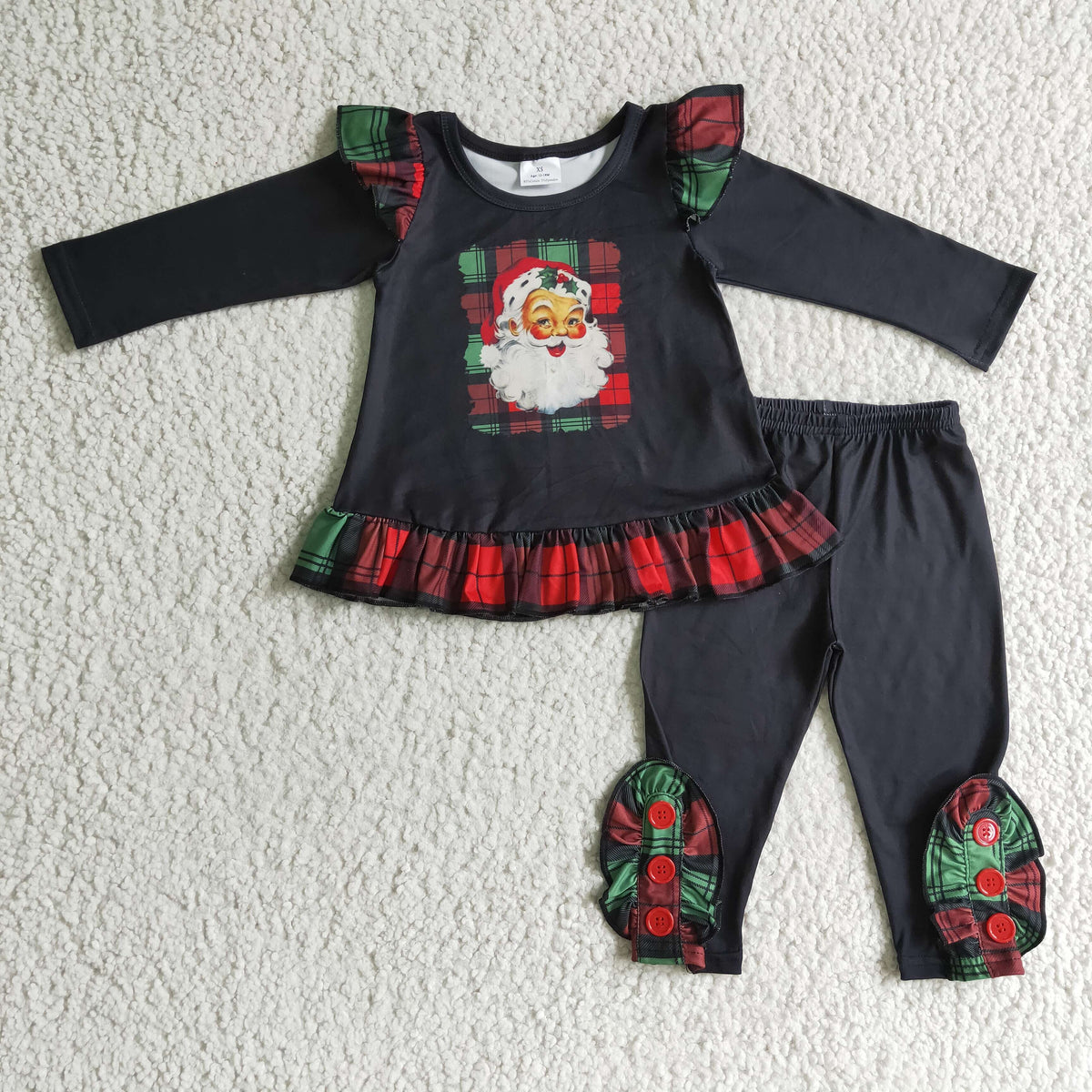 GLP0259 Santa Holly Checkered Ruffle Top Black Pants Girls Christmas Clothes Set