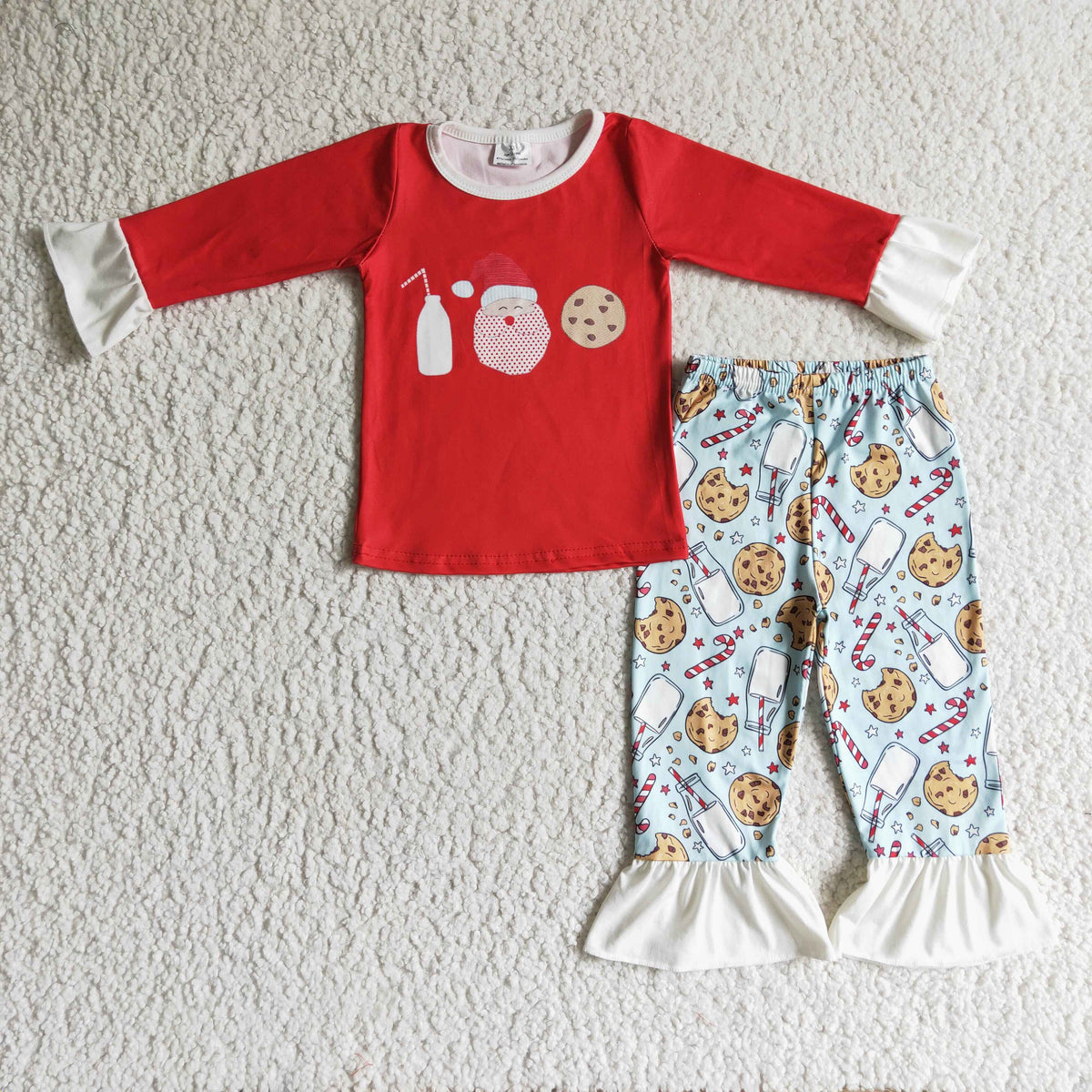 GLP0281 Milk Santa Cookies Red Top Ruffle Pants Girls Christmas Pajamas Clothes Set