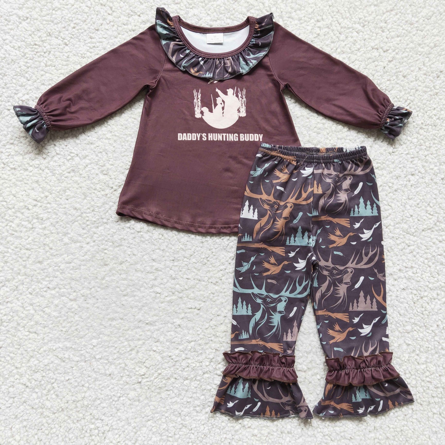 GLP0303 Daddy's Hunting Buddy Print Ruffle Pants Girls Fall Clothes Set