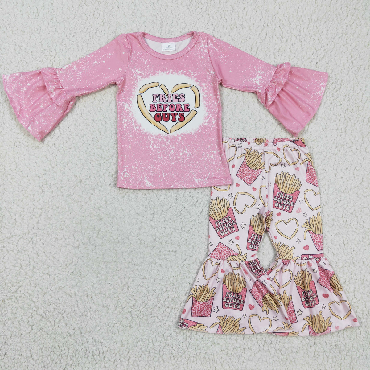 GLP0354 FRIES BEFORE GUYS Pink Top Hearts Bell Pants Girls Valentine's Day Clothes Set