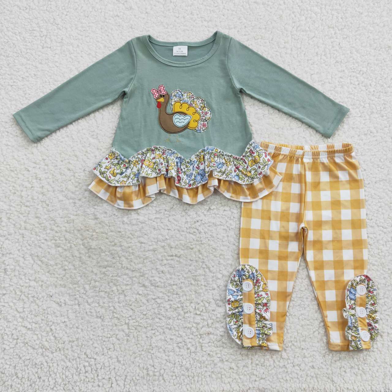 GLP0442 Turkey Embroidery Ruffle Top Checkerd Legging Pants Girls Thanksgiving Clothes Set
