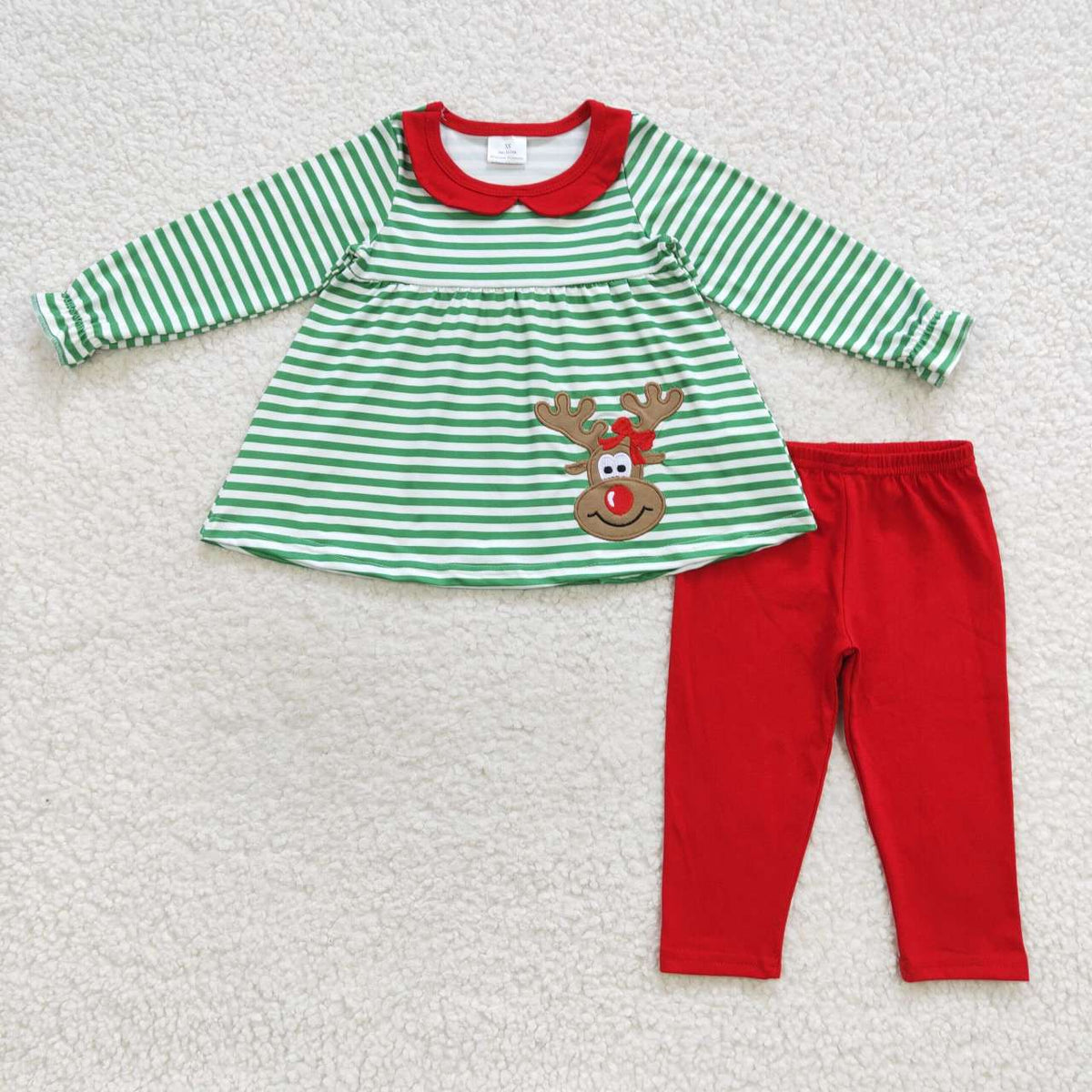 GLP0451 Deer Embroidery Stripes Tunic Top Red Pants Girls Christmas Clothes Set