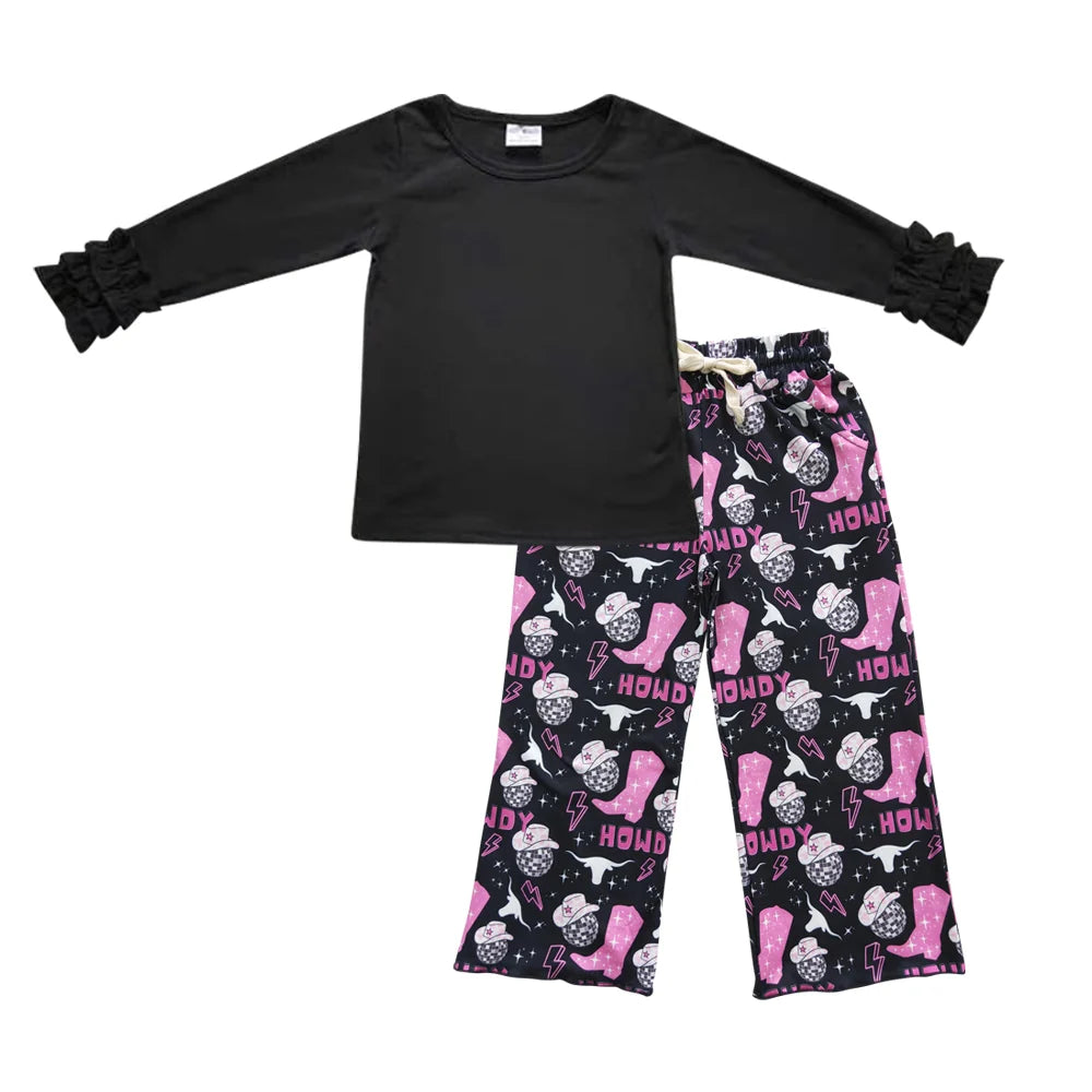 Baby Girls Black Icing Sleeve Tgop with Howdy Wide Pants Outfit