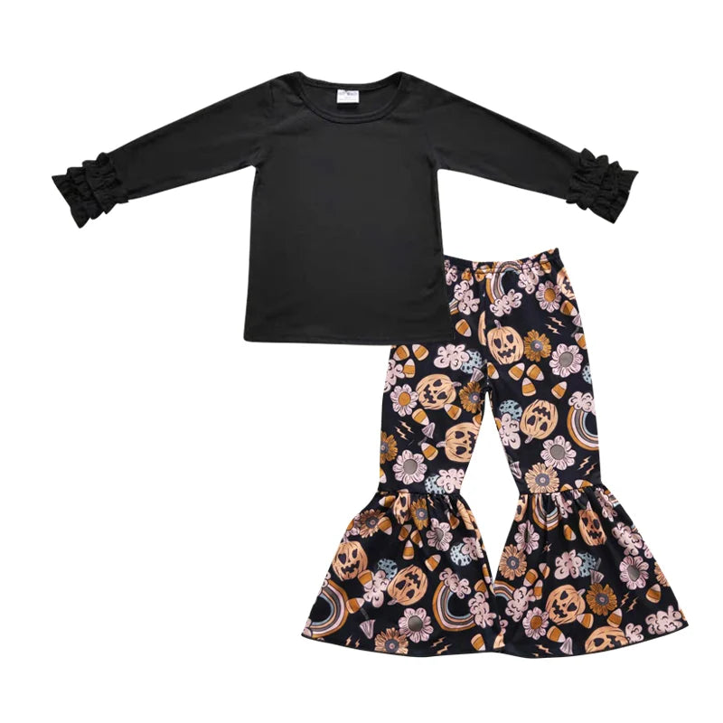Baby Girls Black Icing Sleeve Tgop with Halloween Pumpkin Bell Bottom Pants Outfit