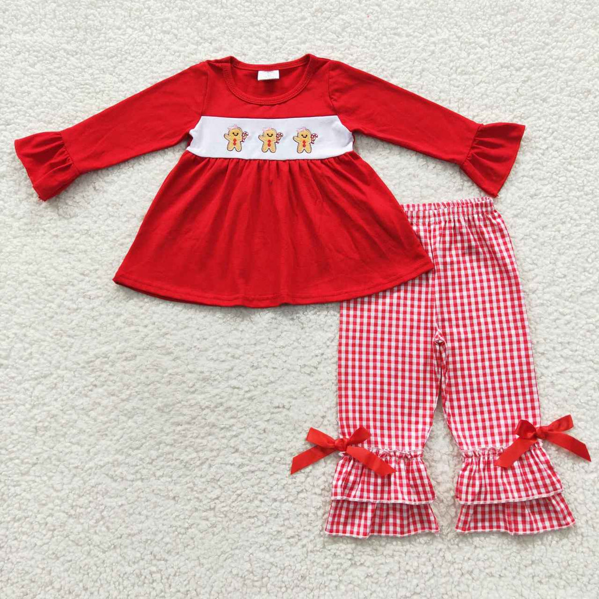 GLP0506 Gingerbread Embroidery Red Tunic Top Checkered Pants Girls Christmas Clothes Set