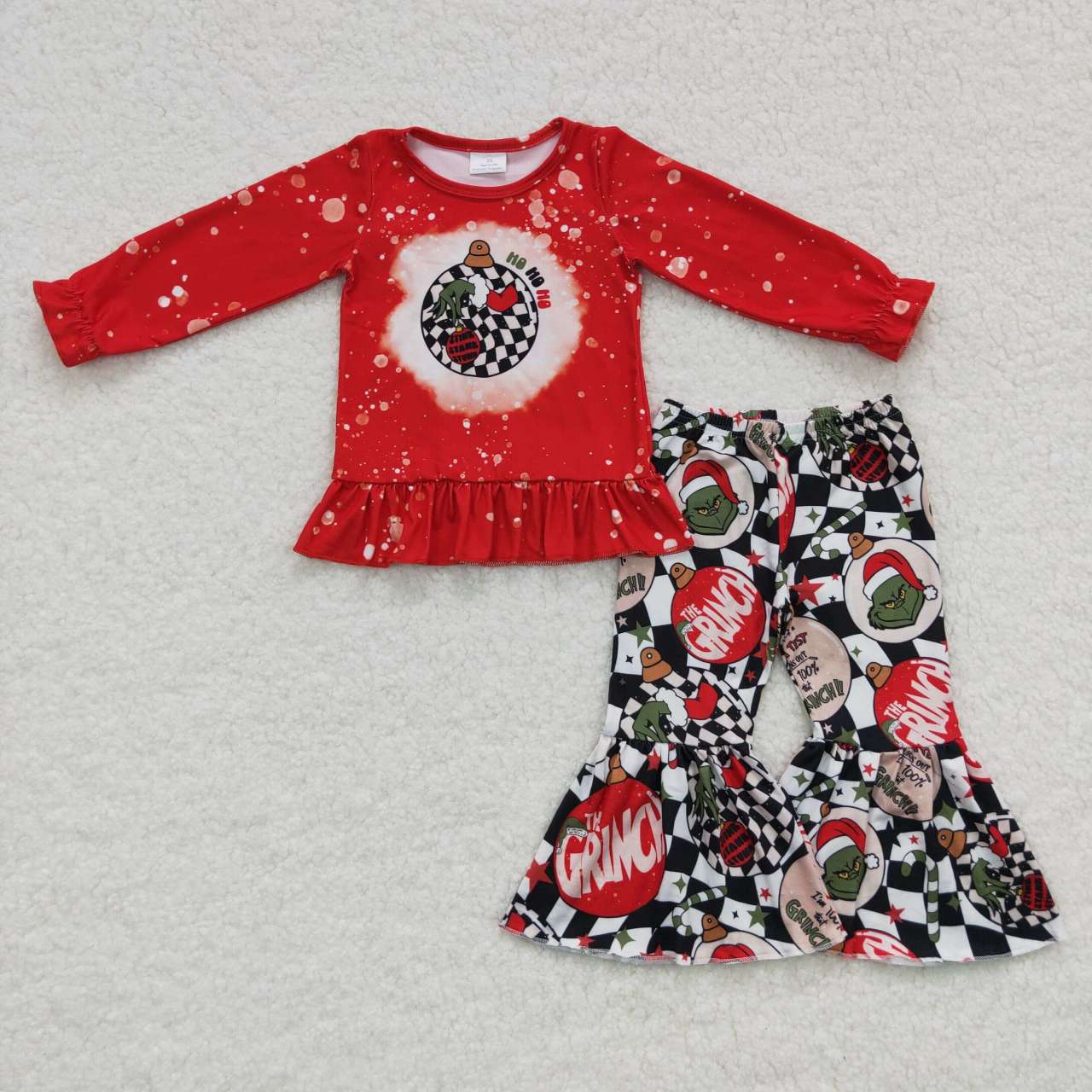 GLP0515 Red Top Green Frog Wavy Checkered Bell Pants Girls Christmas Clothes Set