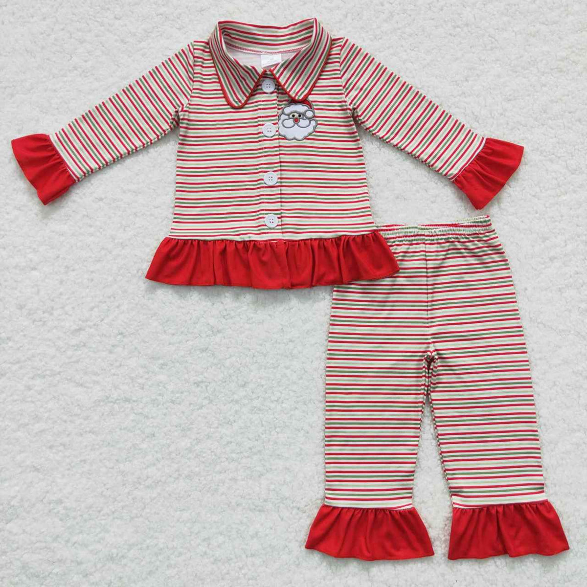 GLP0550 Santa Embroidery Stripes Girls Christmas Buttons Pajamas Clothes Set