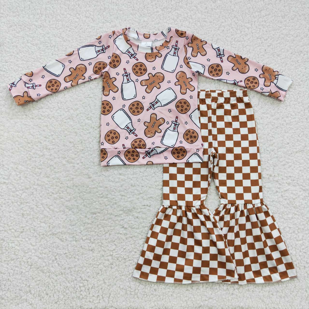 GLP0554 Gingerbread Cookies Milk Top Checkered Bell Pants Girls Christmas Clothes Set