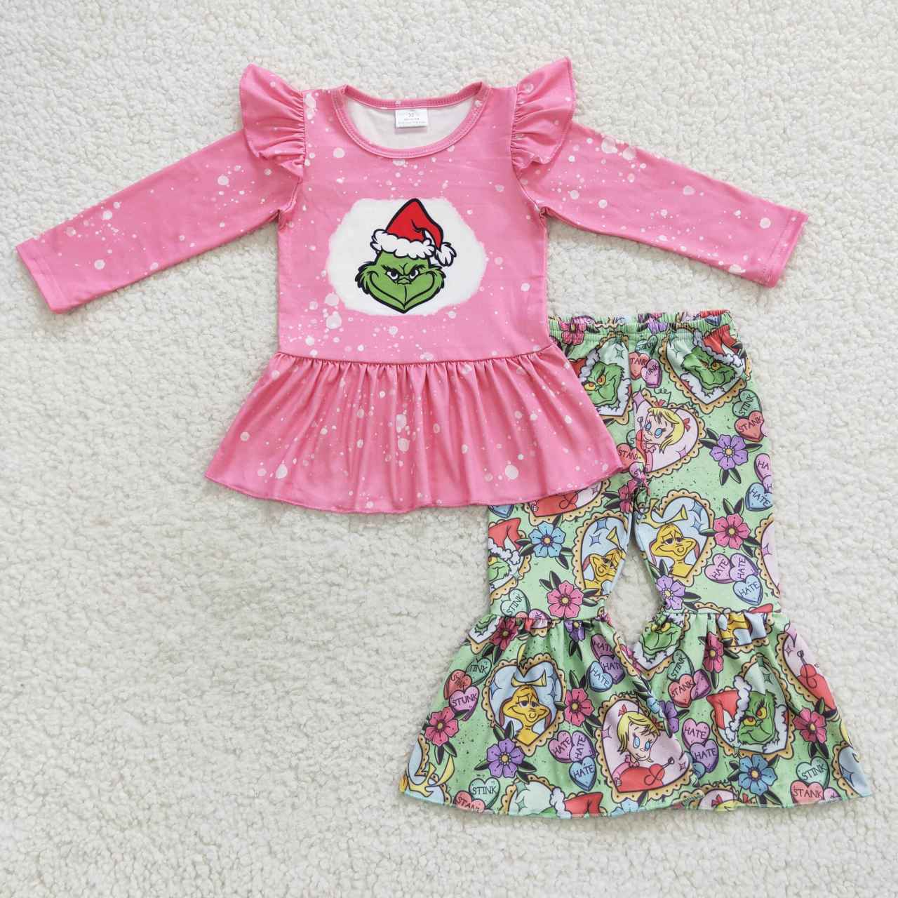 GLP0565 Green Frog Pink Top Flowers Bell Pants Girls Christmas Clothes Set