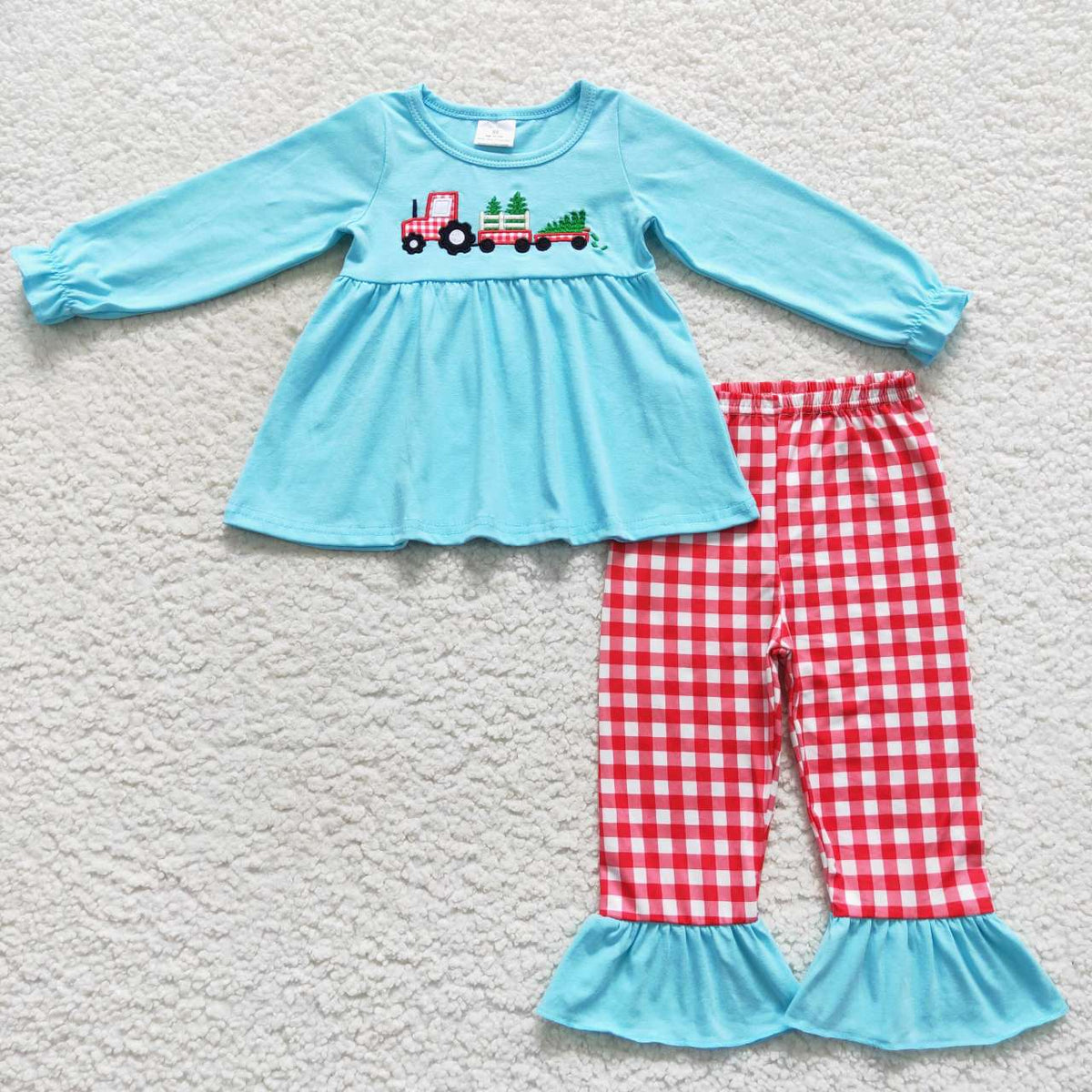 GLP0609 Tractor Tree Embroidery Blue Tunic Top Checkered Pants Girls Christmas Clothes Set