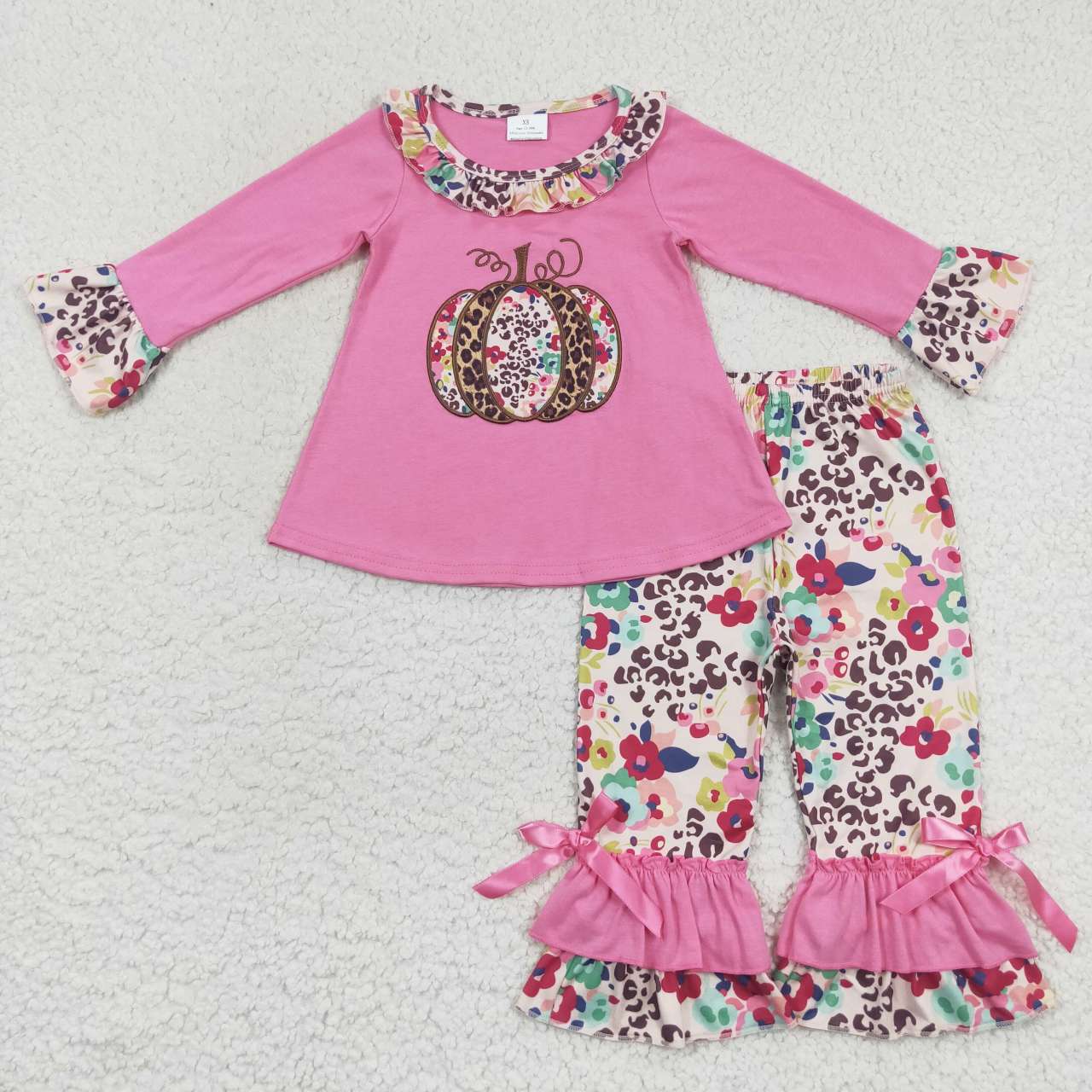 GLP0626 Pumpkin Embroidery Pink Top Flowers Pants Girls Fall Clothes Set