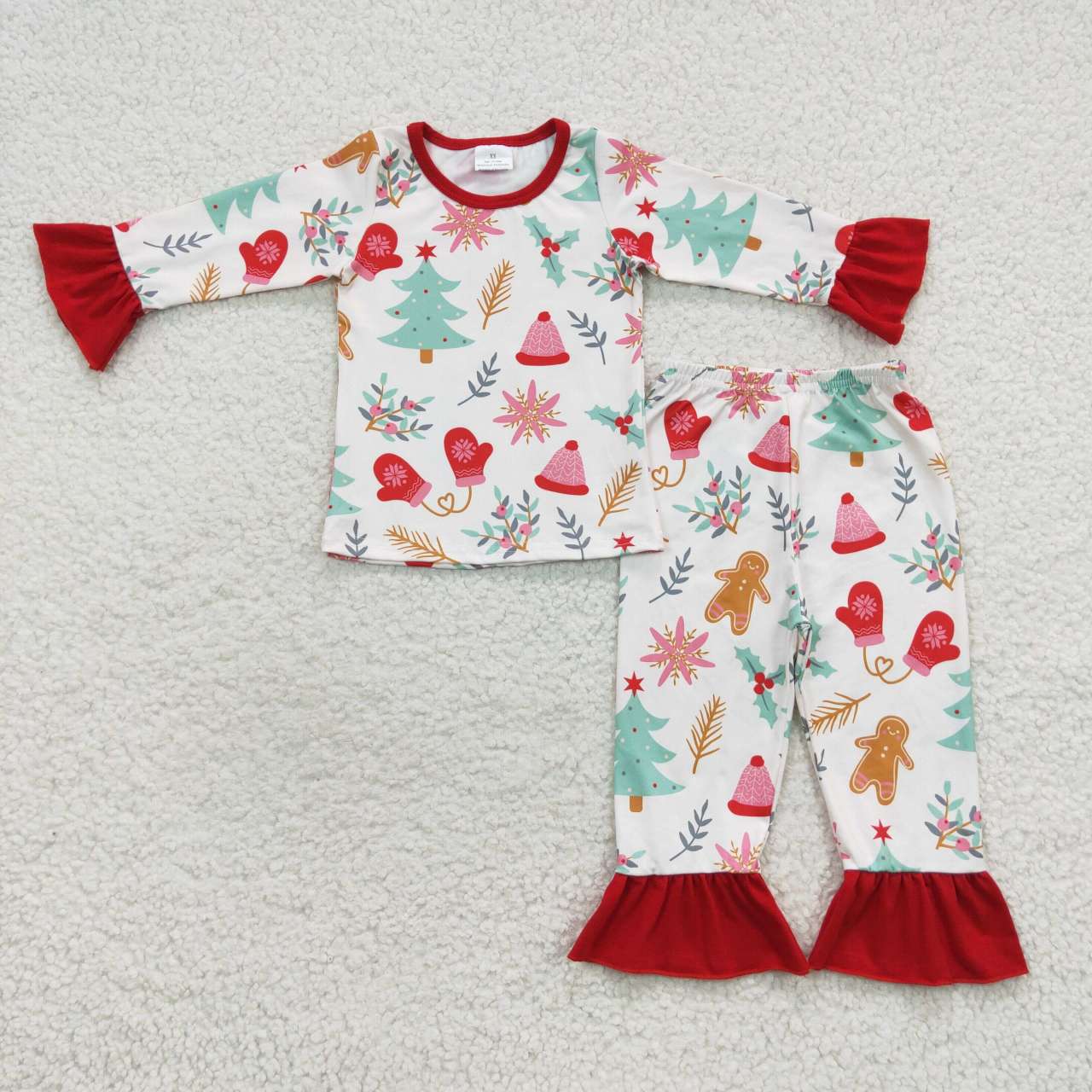 GLP0636 Gingerbread Tree Holly Print Girls Christmas Pajamas Clothes Set