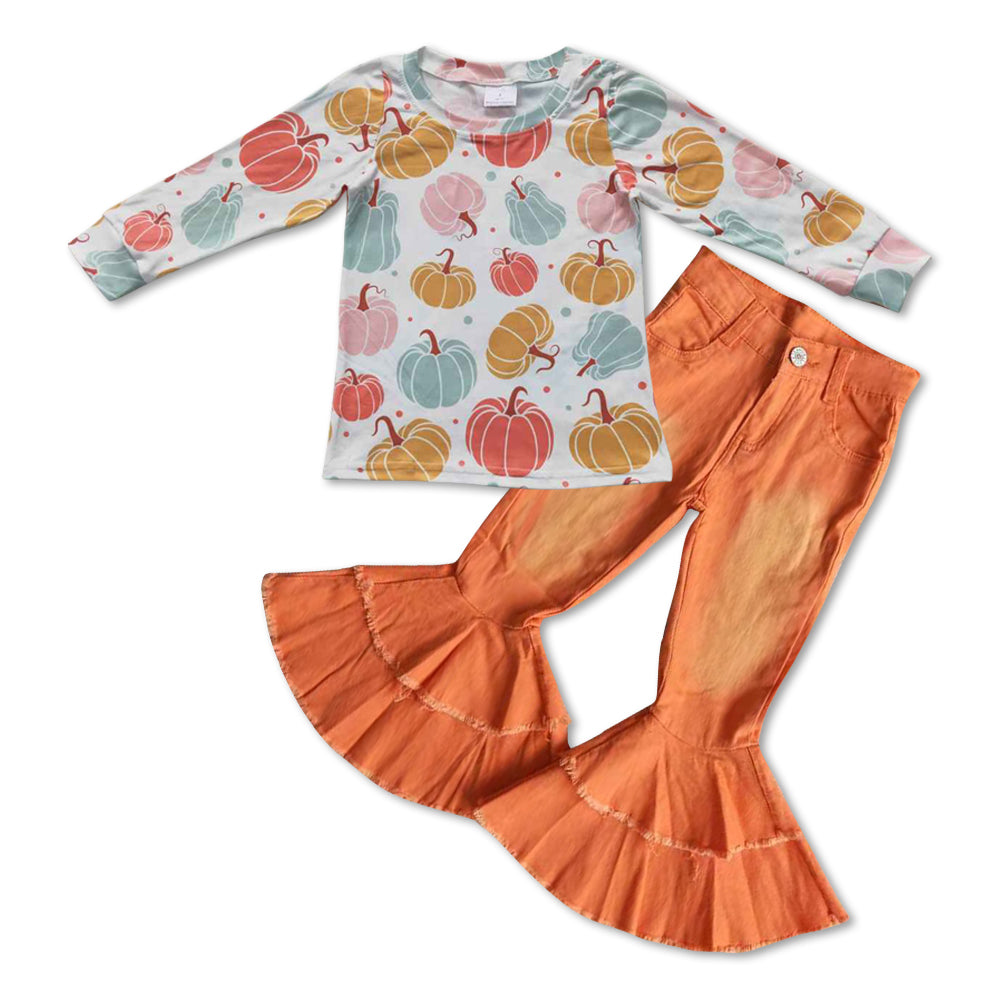 GLP0704 Pumpkin Top Orange Jeans Girls Fall Clothes Set