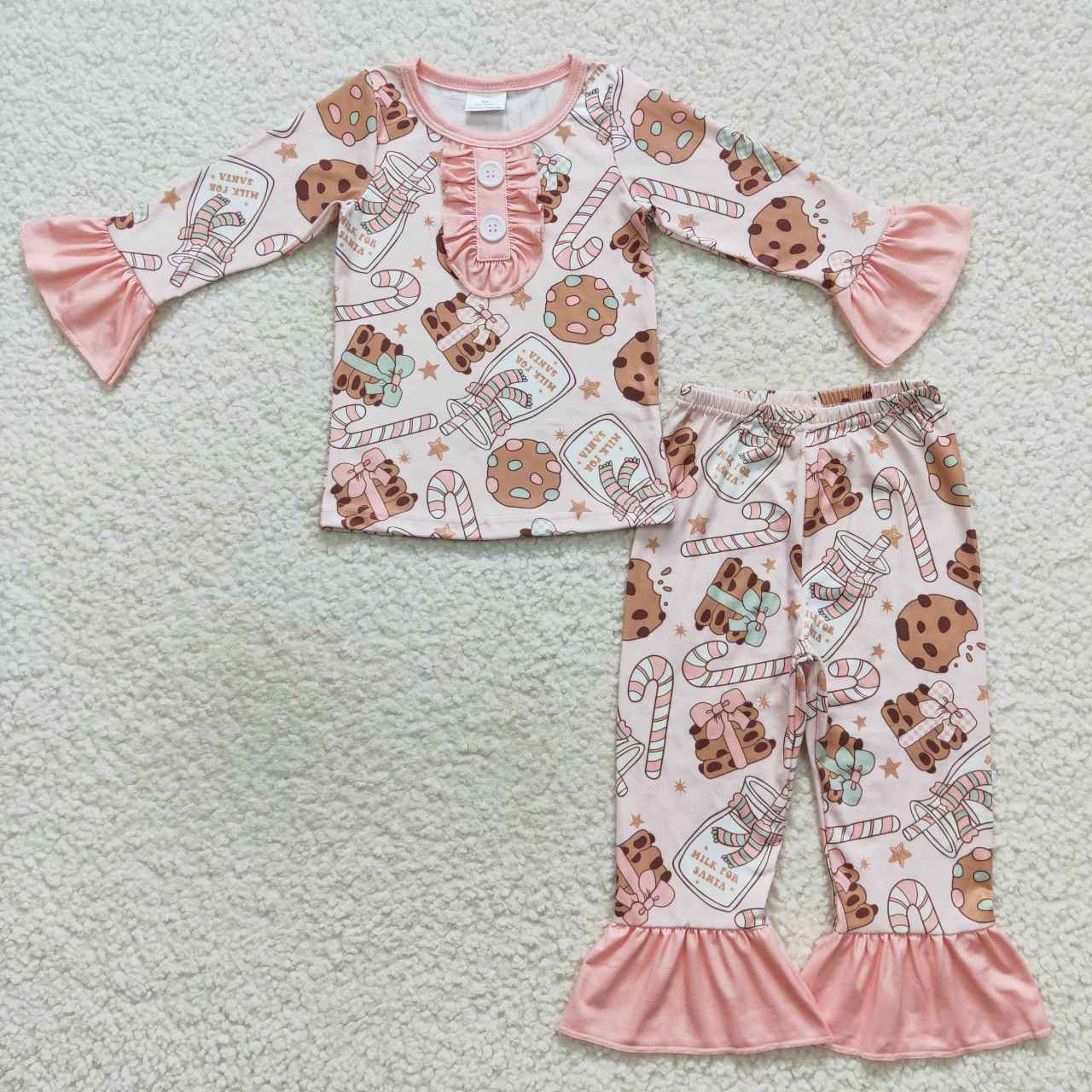 GLP0727 Cookies Milk Candy Cane Print Girls Christmas Pajamas Clothes Set
