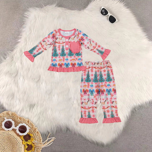 Sibling Baby Girls Pink Christmas Soldier Tree Top Pants Pajamas Clothes Sets Zipper Romper