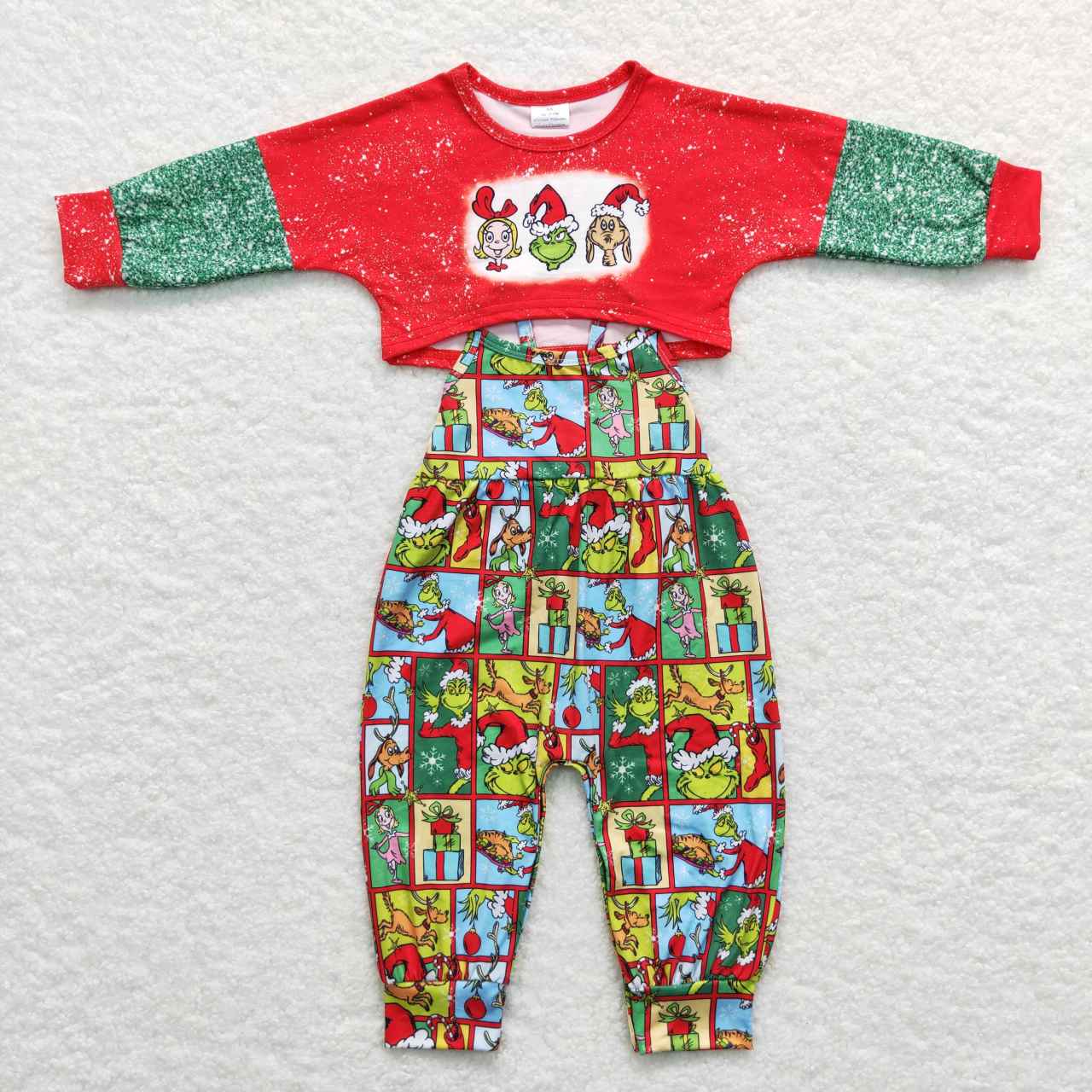 GLP0814 Green Frog Red Top Checkered Jumpsuits Girls Christmas Clothes Set