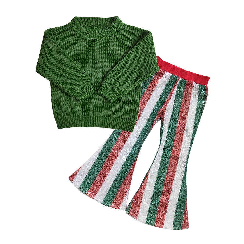 GLP0833 Green Stripes Sweater Top Sequin Bell Pants Girls Christmas Clothes Set