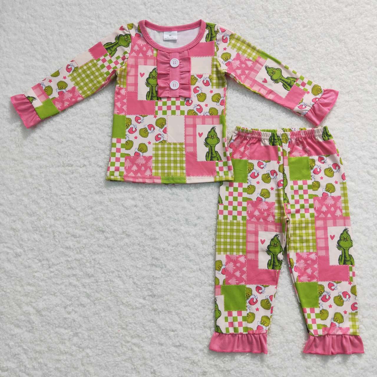 GLP0846 Green Frog Checkered Pink Print Girls Christmas Pajamas Clothes Set