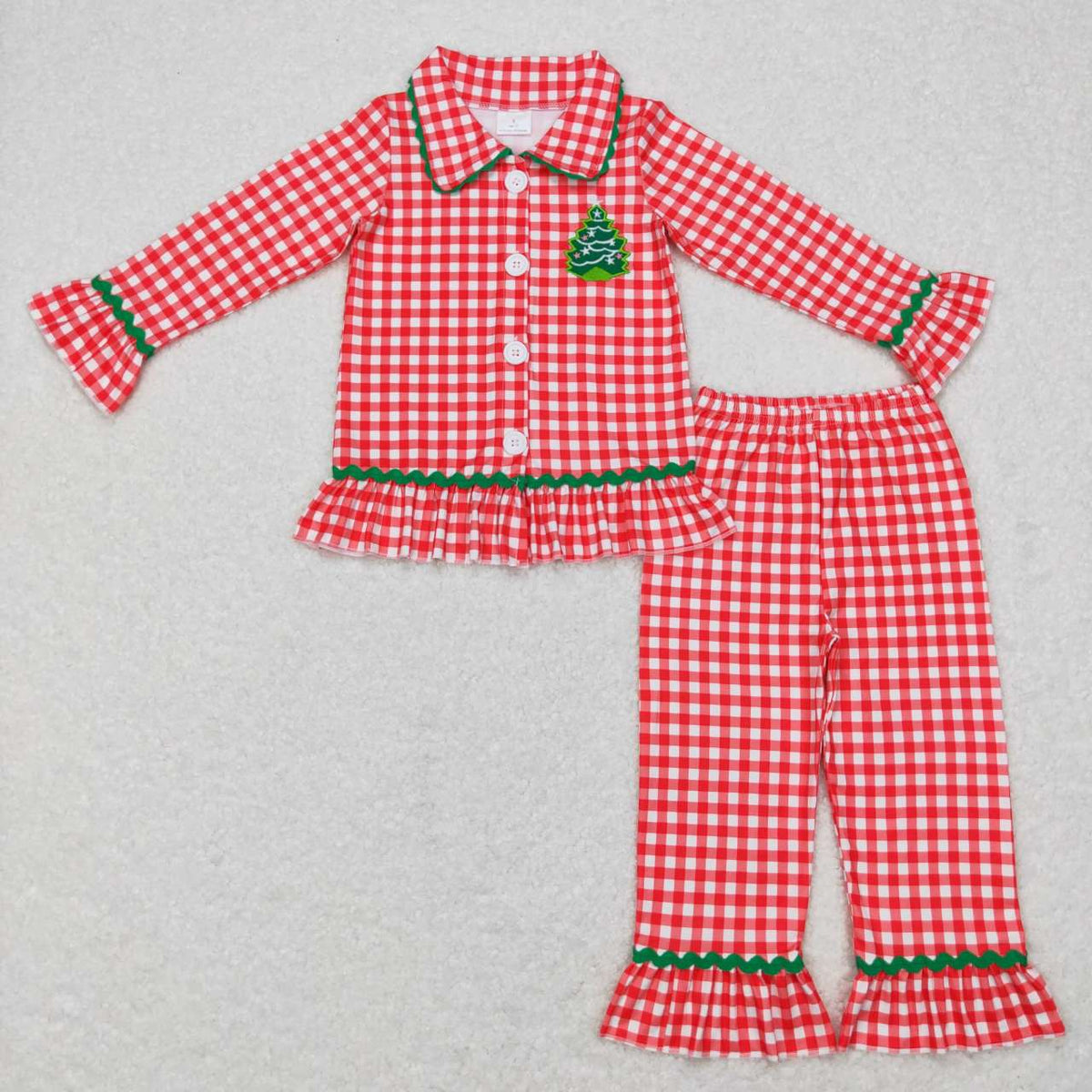 GLP0854 Tree Embroidery Red Checkered Girls Christmas Buttons Pajamas Clothes Set