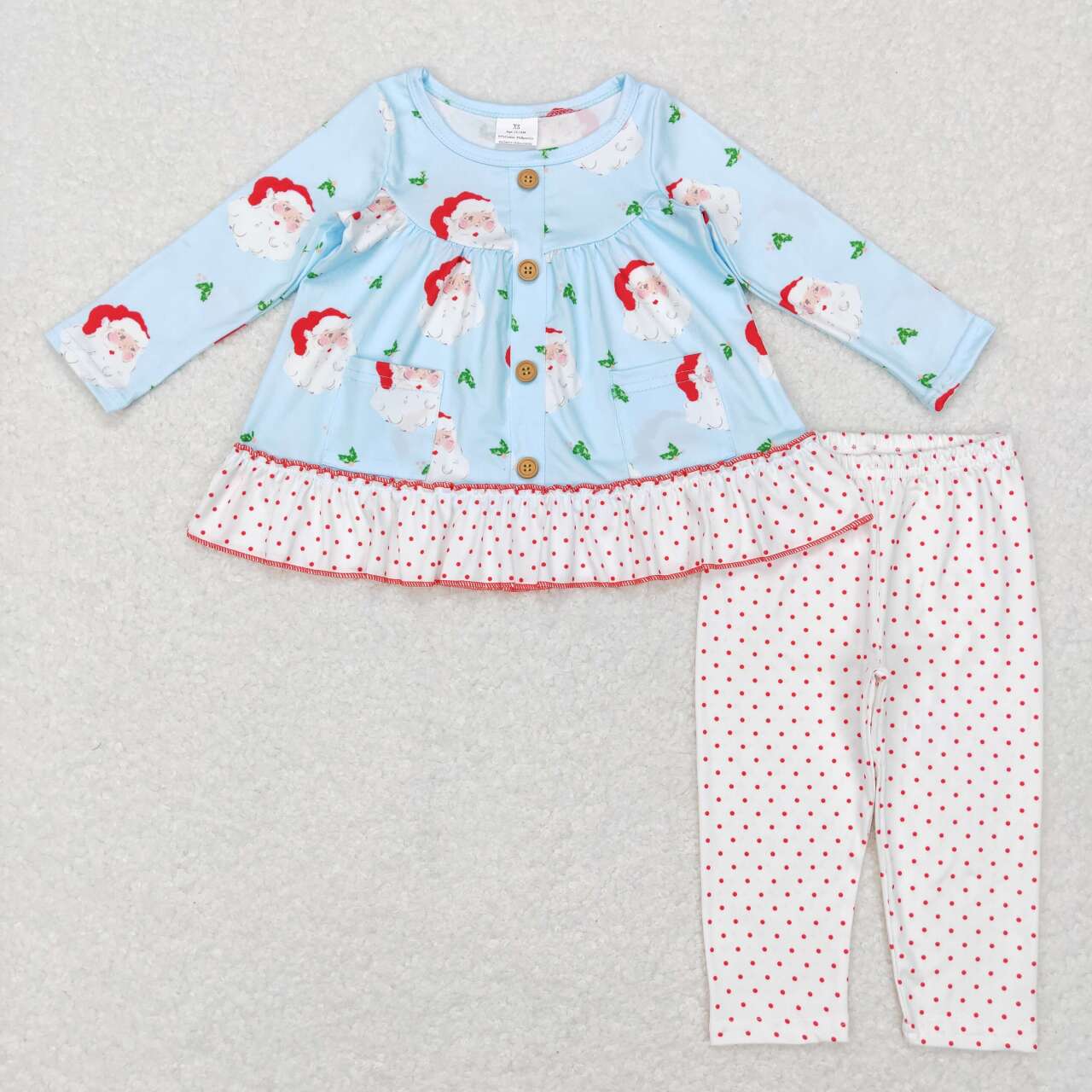GLP0976 Santa Holly Pockets Ruffle Tunic Top Dots Pants Girls Christmas Clothes Set