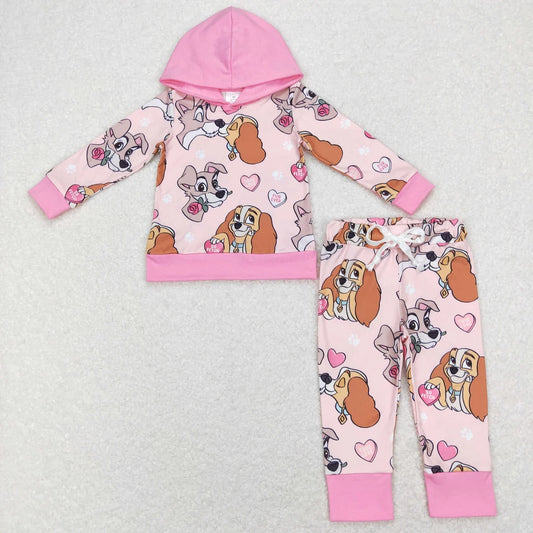 Sibling Baby Girls Valentines Cartoon Dog Hoodie Outft Bell Bottom Pants Set