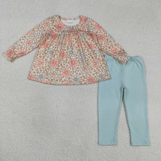 Sibling Baby Girls Colorful Flowers Collar Tunic Legging Pants Clothes Sets