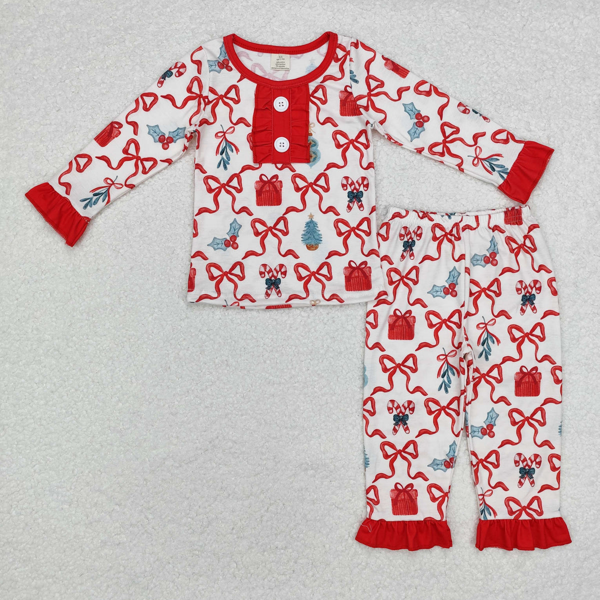 GLP1201 Candy Cane Holly Bows Print Girls Christmas Bamboo Pajamas Clothes Set