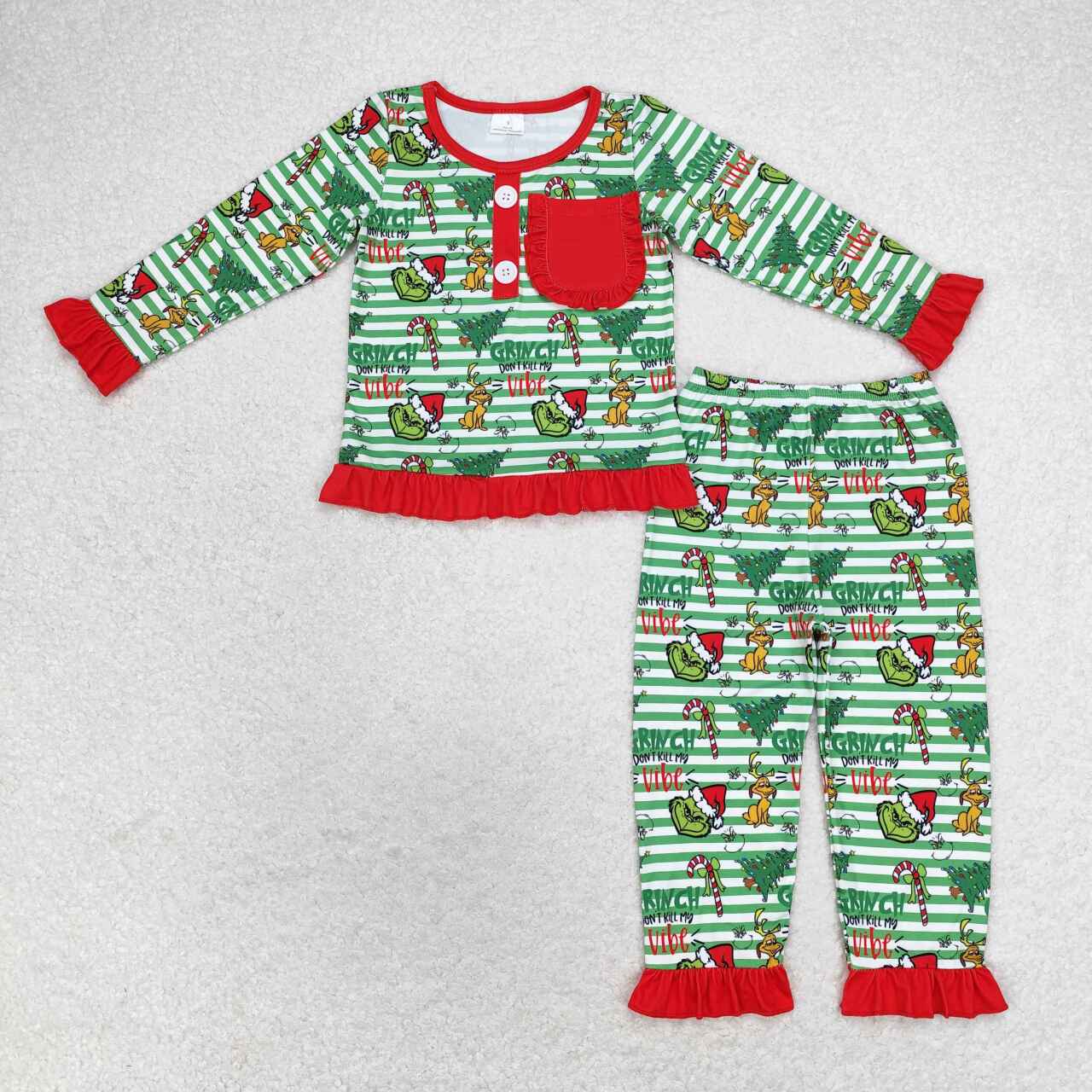 GLP1228 Green Frog Stripes Print Girls Christmas Pajamas Clothes Set