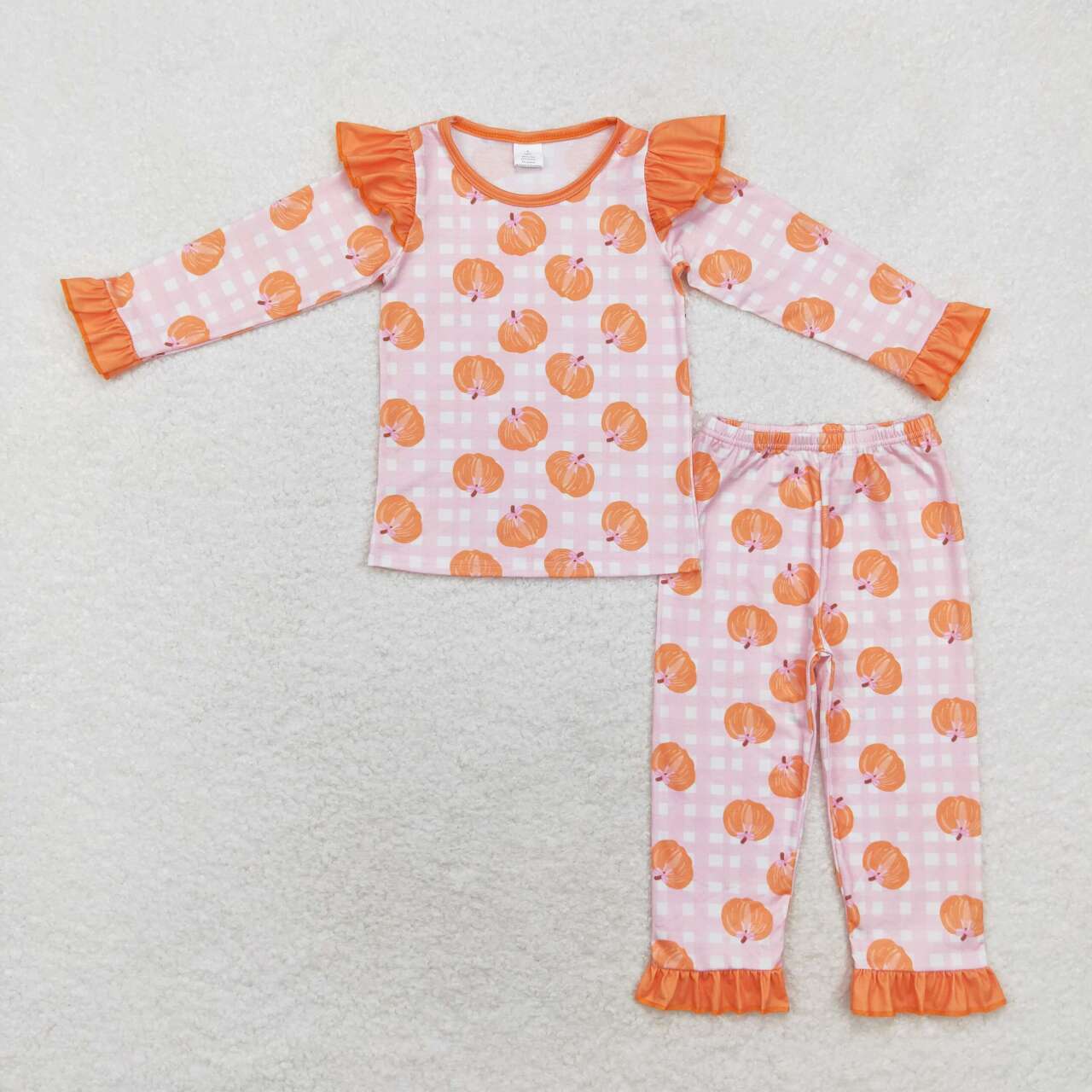 GLP1362 Pumpkin Pink Checkered Long Sleeve Pants Girls Fall Pajamas Clothes Set
