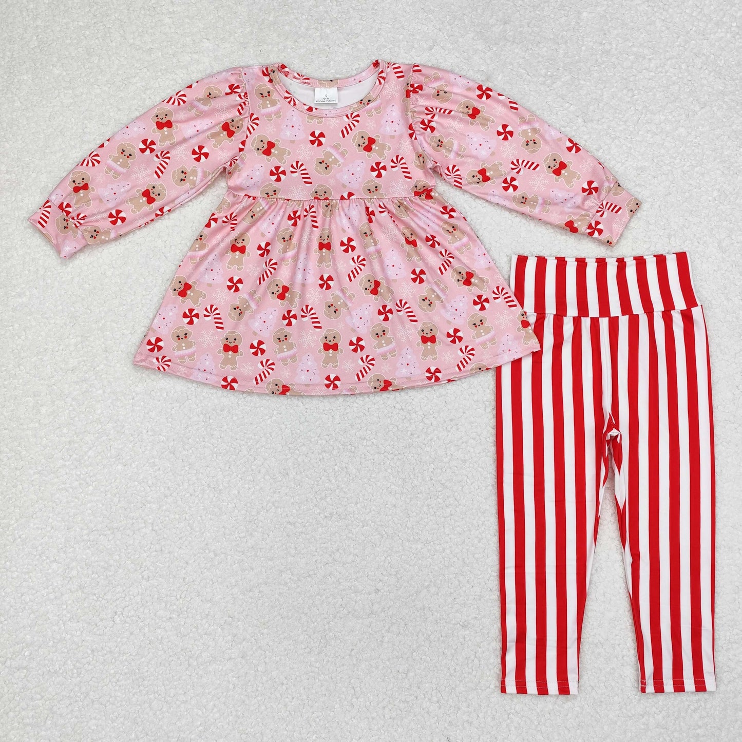 GLP1366 Gingerbread Candy Cane Tunic Top Red Stripes Pants Girls Christmas Clothes Set