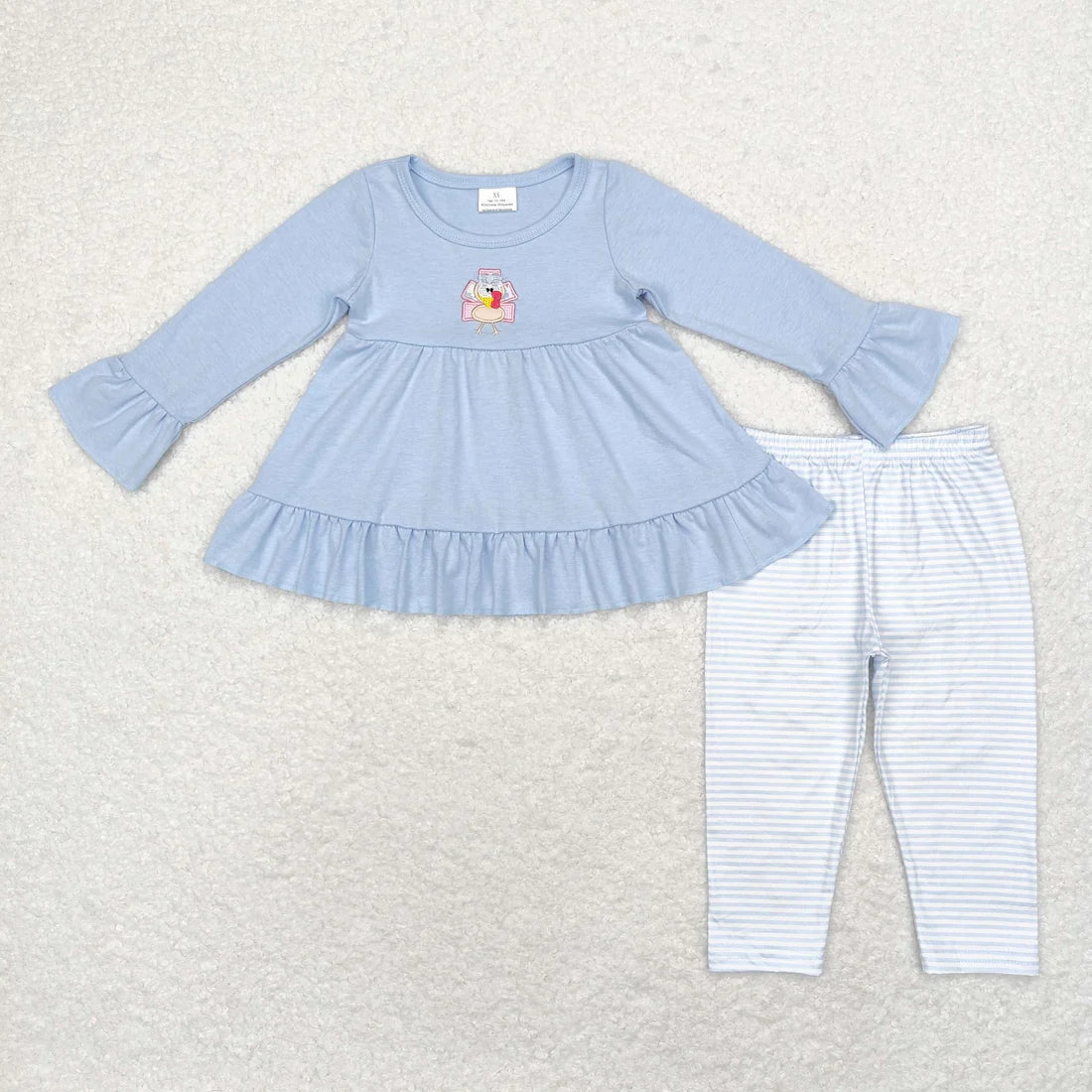 Sibling Baby Girls Embroidery Turkey Long Ruffle Sleeves Pants Thanksgiving Clothes Sets