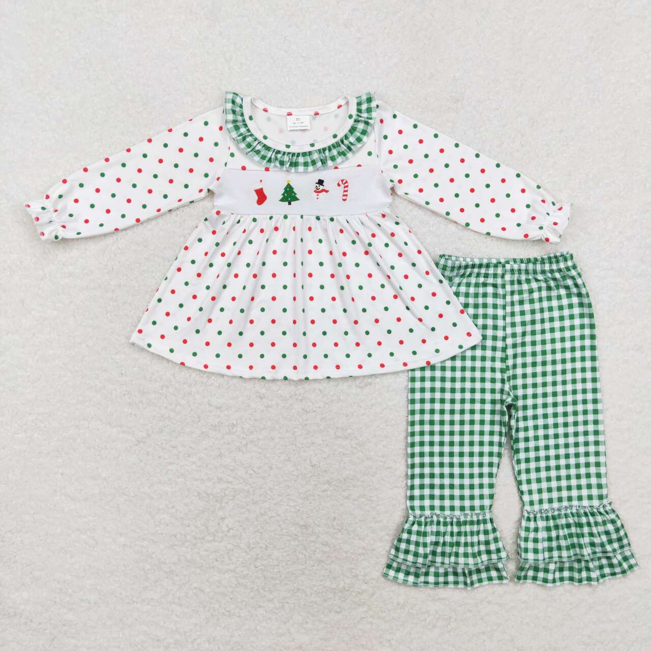 GLP1395 Snowman Embroidery Dots Tunic Top Checkered Pants Girls Christmas Clothes Set