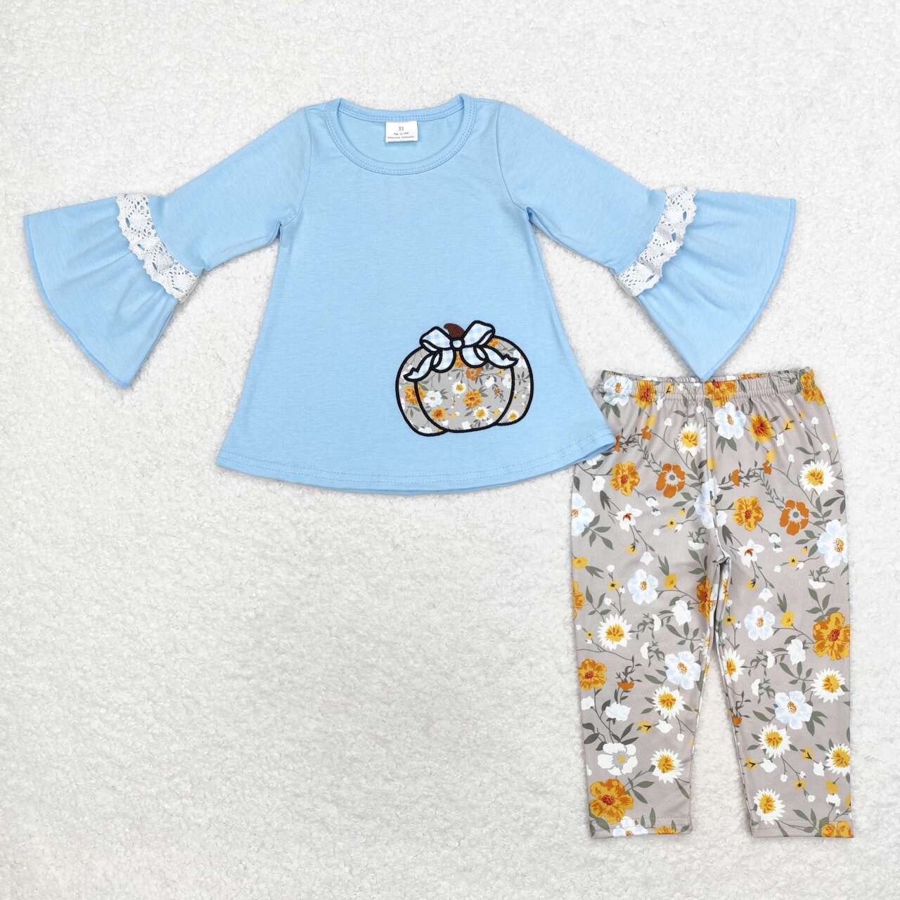 GLP1639 Pumpkin Embroidery Blue Tunic Top Flowers Pants Girls Fall Clothes Set