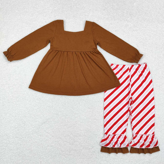 GLP1682 Gingerbread Design Brown Big Bow Tunic Top Stripes Pants Girls Christmas Clothes Set