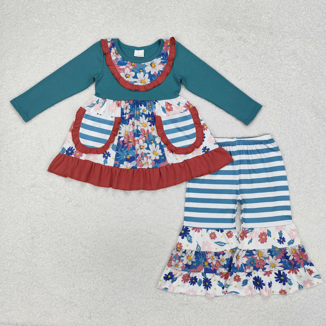 Sibling Baby Girls Bows Flowers Tunic Leggings Pant Ruffle Sleeves Clothes Sets
