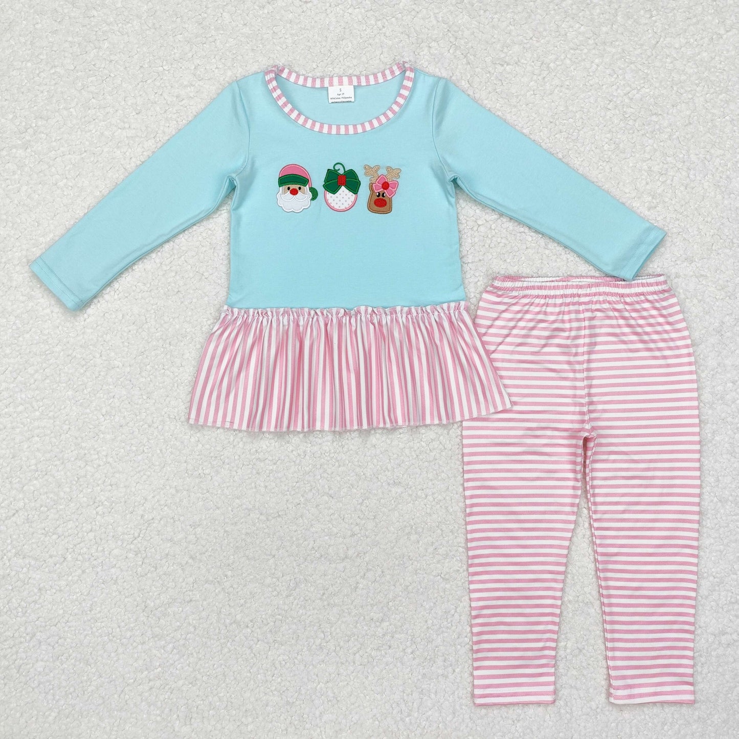 GLP1770 Santa Deer Embroidery Blue Top Pink Stripes Pants Girls Christmas Clothes Sets