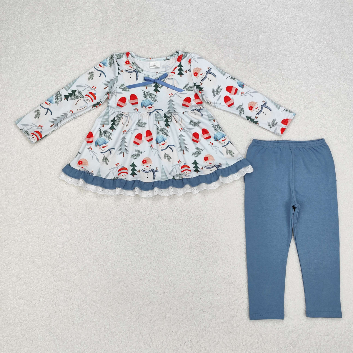 GLP1778 Snowman Holly Ruffle Tunic Top Pockets Blue Pants Girls Christmas Clothes Set