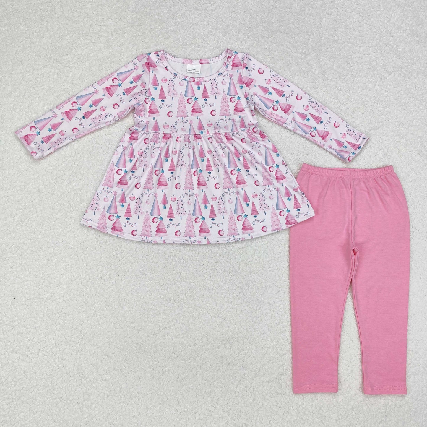 GLP1814 Tree Lights Pink Tunic Top Pockets Pants Girls Christmas Clothes Set