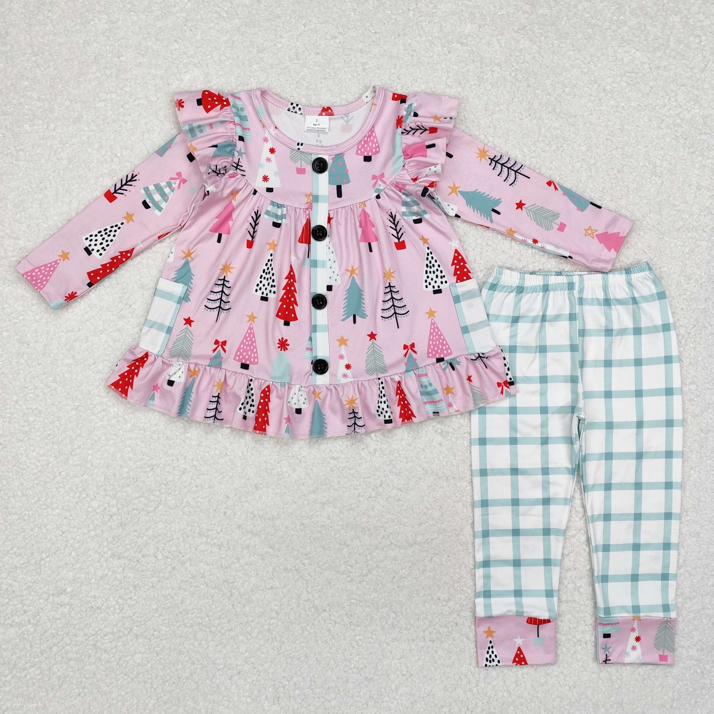 GLP1998 Tree Pockets Tunic Top Checkered Pants Girls Christmas Clothes Set
